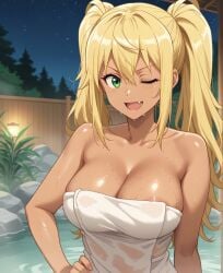 ai_generated athletic_female big_breasts blonde_hair dark-skinned_female dark_skin dumbbell_nan_kilo_moteru? green_eyes hot_spring huge_breasts looking_at_viewer massive_breasts one_eye_closed sakura_hibiki_(dumbbell_nan_kilo_moteru?) smiling solo_female squatting subaruarm sweat sweatdrop towel towel_only twintails voluptuous voluptuous_female