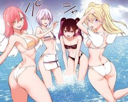 2.5_jigen_no_ririsa 4girls amano_ririsa angel_wings armpits ass bare_arms bare_belly bare_legs bare_shoulders bare_thighs big_breasts bikini bikini_skirt black_bikini black_hair blonde_hair blue_eyes blue_hair blush breasts cleavage collarbone cosplay green_eyes hand_in_own_hair hashimoto_yuu kisaki_aria liliel_(cosplay) long_hair manga melia_(cosplay) miliela_(cosplay) nokiel_(cosplay) nonoa_(2.5_jigen_no_ririsa) ocean official_art one_eye_closed one_leg_up open_mouth outdoors partially_submerged red_hair ribs short_hair sideboob small_breasts smile tachibana_mikari thick_ass thick_thighs thighs twintails two-tone_hair water white_bikini wings