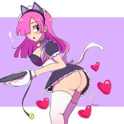 1girls apron ass bangs bell_collar blush brawl_stars cat_ears cat_tail colette_(brawl_stars) dress gloves hair_over_one_eye heart lilichuumi long_hair maid maid_headdress maid_uniform paw_gloves pink_eyes pink_hair pinku_pawlette serving_tray standing tail thighhighs upskirt