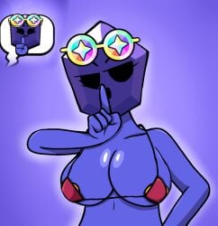 big_breasts black_eyes brawl_stars eyelashes matthe pins_(brawl_stars) purple_background purple_body purple_skin red_bikini red_underwear reference_image shhhh_quiet shiny_breasts yellow_nipples