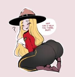 1girls ass big_ass blonde_female blonde_hair calgary_callie doodle female female_only hat large_ass long_hair pale-skinned_female royal_canadian_mounted_police speech_bubble text thiccwithaq thick_ass tight_pants