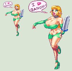 bimbo casetermk dialogue elbow_gloves female genderswap genderswap_(mtf) heart high_heels huge_ass huge_breasts link microskirt navel pixel_art rule_63 sword the_legend_of_zelda thick_lips thick_thighs wide_hips