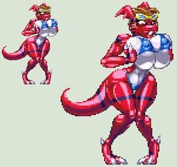 anthro anthrofied big_breasts bikini bimbo bimbofication breasts casetermk claws clothing digimon digimon_(species) female gender_transformation genderswap genderswap_(mtf) guilmon hair hi_res huge_breasts pixel_art post_transformation rule_63 scalie simple_background straight tail takato_matsuki thick_thighs