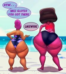 2girls african_female ass ass_bigger_than_torso ass_focus barefoot beach big_ass bikini bottom_heavy brown_hair bubble_butt crossover dark-skinned_female dark_skin dat_ass dialogue enid fat_ass female female_only garnet_(steven_universe) gem_(species) height_difference huge_ass human large_ass massive_ass milf n-kosi n-kosi_(coloring) ocean ok_k.o.!_let's_be_heroes outdoors pink_hair png rear_view red_skin sand steven_universe swimsuit text thick_ass thick_thighs thunder_thighs wide_hips