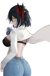 1girls absurd_res arched_back ass back back_view baige0 bangs big_ass big_breasts big_butt black_bra black_lingerie bra breasts butt denim drinking female genshin_impact hair_between_eyes hair_ornament hi_res highres hips huge_ass huge_butt human jeans kujou_sara lace lace-trimmed_bra large_ass large_breasts lingerie looking_at_viewer looking_back open_clothes open_shirt plain_background purple_hair short_hair sideboob simple_background slim_waist small_waist solo thick_ass waist white_background white_shirt wide_hips yellow_eyes