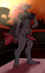 background black_hair bublijoestar canine canine_penis digital_drawing_(artwork) digital_media_(artwork) futa_only futadom futanari grey_fur knot piercing piercings pokemon pokemon_(species) precum precum_drip red_hair zoroark