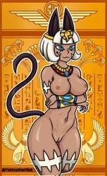 1girls big_breasts blue_eyes cat_ears cat_tail catgirl dark-skinned_female dark_skin egyptian egyptian_cat egyptian_headdress light_smile nadia_fortune naked pussy scars short_hair skullgirls solo standing white_hair yetanotherrisk