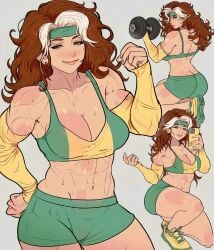 abs athletic_female big_breasts brown_hair cleavage lifting_weights light-skinned_female light_skin looking_at_viewer marvel marvel_comics muscular_female mutant_(marvel) rogue_(x-men) shorts sweat x-men yoracrab