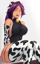 00s 1girls animal_ears big_breasts bleach castell cow_ears cow_girl cow_horns cow_print cowbell female female_only garter horns leotard long_hair looking_at_viewer no_bra shihouin_yoruichi simple_background solo thighhighs violet_hair white_background yellow_eyes yoruichi_shihouin