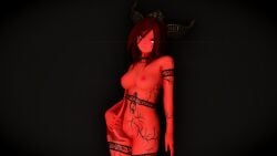 1female 1male akilandi cowgirl cowgirl_position lewd male/female posing red_body red_eyes red_hair riding riding_penis skyrim succubus succubus_horns vaginal_penetration