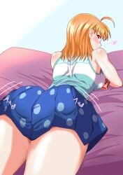 ass bed breast_press breasts chokkakudo female from_behind large_breasts legs looking_at_viewer looking_back love_live! love_live!_sunshine!! lying on_stomach orange_hair red_eyes short_hair simple_background skirt solo takami_chika thighs variant_set