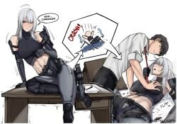 abs ak-15_(girls'_frontline) breaking clothed clothes clothing commander_(girls'_frontline) flirting girls'_frontline groping groping_breasts larger_female muscular muscular_female seductive shorter_male smaller_male table taller_female teasing tie_pull weapons