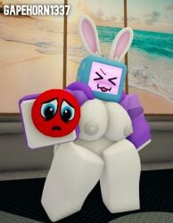 3d 3d_model :3 artist_name ball blush blushing_at_viewer boobs_out bottomless breasts bunny bunny_ears bunny_tail computer_head distressed_red_ball elevator front_view gapehorn1337 happy melanie_(regretevator) regretevator roblox roblox_game roblox_studio robloxian screen screen_face self_upload tagme tv_head white_body