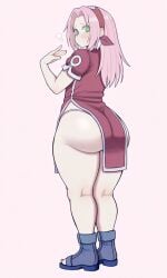 1girls ai_generated ass_focus back_view big_ass huge_ass naruto naruto_(classic) nini_mihy sakura_haruno sakura_haruno(genin) small_breasts thick_thighs thong wide_hips