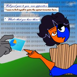 black_hair blue_body clothed conversation ena_(series) heterochromia joel_g multicolored_body orange_body original_character poshmoon text text_bubble