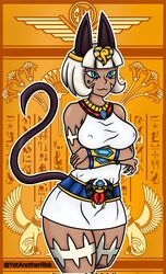 1girls big_breasts blue_eyes cat_ears cat_tail catgirl dark-skinned_female dark_skin egyptian egyptian_cat egyptian_clothes egyptian_headdress light_smile nadia_fortune scars short_hair skullgirls solo standing white_hair yetanotherrisk