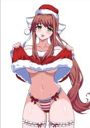 1girls 2024 anime_style bare_belly belly_button brown_hair christmas christmas_clothing christmas_hat christmas_outfit color doki_doki_literature_club dzombi1_(artist) female female_only green_eyes human lifting_shirt looking_at_viewer merry_christmas monika_(doki_doki_literature_club) navel ponytail showing_off smile smiling_at_viewer solo solo_female thick_thighs thighhighs thighs thong tongue tongue_out underboob white_bow wide_hips