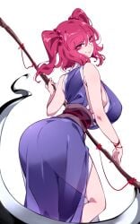 1girls ass big_breasts breasts clothed_female komachi_onozuka light-skinned_female raptor7 red_eyes red_hair scythe shinigami sideboob solo solo_female thick_thighs thighs touhou twintails white_background