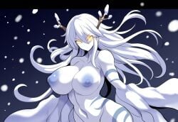 1girls ai_generated female large_breasts monster monster_girl mullon nipples novelai original snow snowing white_body winter