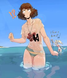 absurdres ann_takamaki bikini black_hair blonde_hair blush breasts brown_eyes brown_hair cleavage collarbone cupperexe highres large_breasts looking_at_viewer medium_breasts navel nipples persona persona_5 sadayo_kawakami shirt short_hair striped_clothes swimsuit swimwear wet