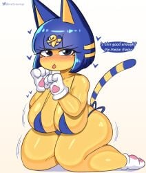 animal_crossing ankha ankha_(animal_crossing) anthro big_breasts bikini biped blue_hair blush breasts cleavage clothed clothing dialogue domestic_cat felid feline felis female hair heart_symbol hi_res kneeling looking_at_viewer mammal nintendo solo startop swimwear text thick_thighs two-piece_swimsuit yellow_body