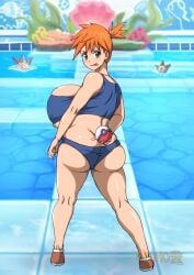 :q ass asymmetrical_hair backboob bikini blue_bikini blush breasts bursting_breasts curvy denim female female_only footwear from_behind gen_1_pokemon green_eyes gym_leader highres holding holding_object holding_poke_ball huge_ass huge_breasts kasumi_(pokemon) large_ass large_breasts legs looking_at_viewer looking_back naruho open_mouth orange_hair poke_ball poke_ball_(basic) pokemon pokemon_(anime) pokemon_(classic_anime) pokemon_frlg pokemon_rgby ponytail pool shiny_skin shirt shoes short_hair shorts side_ponytail smile solo solo_focus standing starmie staryu swimsuit tank_top thick_thighs thighs tied_hair tongue tongue_out undersized_clothes underwear wide_hips