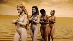 3d 4girls black_hair blonde_hair bound bound_wrists coffle completely_nude completely_nude_female dark_skin dark_skinned_female hughdmann multiple_girls nude nude_female original slave slavegirl slavery