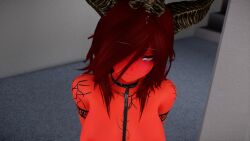 akilandi lewd posing red_body red_eyes red_hair skyrim succubus succubus_horns