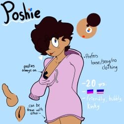 bisexual blue_eyes bottomless brown_hair character_profile character_sheet cock heart heterochromia orange_eyes oversized_clothes oversized_hoodie pasties penis poshie poshmoon pussy reference_sheet text tongue_out vagina