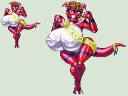 anthro anthrofied ass_expansion big_breasts bimbo bimbofication breast_expansion breasts casetermk claws clothing digimon digimon_(species) female gender_transformation genderswap_(mtf) guilmon hair hi_res huge_ass huge_breasts nude pixel_art post_transformation rule_63 scalie simple_background straight tail takato_matsuki thick_thighs