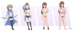 ass_expansion ayane_shirakawa bikini blue_bikini_bottom breast_expansion brown_eyes brown_hair cleavage clothing_transformation itai_no_wa_iya_nano_de_bougyoryoku_ni_kyokufuri_shitai_to_omoimasu long_hair overflow_(series) sally_(bofuri) thatfreakgivz transformation transformation_sequence white_bikini_top