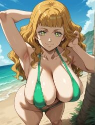 ai_generated armpits arms_up bare_thighs beach black_clover gigantic_breasts green_eyes huge_breasts huge_thighs light-skinned_female light_skin long_hair looking_at_viewer massive_breasts mimosa_vermillion orange_hair shounen_jump sling_bikini slingshot_swimsuit smiling solo_female squatting subaruarm sweat sweatdrop thick_body thick_female thick_thighs thighs voluptuous voluptuous_female