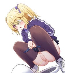 1girls anus ass blonde_hair censored commentary_request embarrassed eyepatch fischl_(genshin_impact) genshin_impact hair_ribbon hoyoverse jacket medical_eyepatch mihoyo mosaic_censoring panties pee peeing pleated_skirt pussy ribbon school_uniform skirt solo squat_toilet squatting thighhighs toilet toilet_use track_jacket underwear yavuravu zavuravu