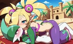 ai_generated blonde_hair blue_eyes cowgirl_position crossover elf_ears erureido eye_contact female_on_top gallade genie_girl harem_outfit harem_pants kissing kissing_while_penetrated one_eye_covered pale_skinned_female plink_(shantae) pokemon pokemon_(species) pokephilia red_eyes shantae twintails vaginal_penetration vaginal_sex