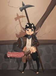 animal_genitalia animal_penis balls beer_keg bibimus_'bibi'_the_satyr big_balls big_penis black_body black_fur black_hair bottomwear brown_body brown_fur chainmail clothing curved_horn digitigrade equine_genitalia equine_penis erection fur genitals gloves hair half-closed_eyes handwear hi_res hooves horn huge_balls huge_penis humanoid jack_cayless loincloth male medial_ring melee_weapon narrowed_eyes penis polearm rapscallion satyr shortstack_humanoid shortstack_male smile solo solo_male weapon