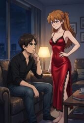 ai ai_assisted ai_generated asuka_langley_sohryu attack_on_titan blue_eyes blushing blushing_female book cleavage clueless_male confident_female contemplating cup_of_coffee dark_brown_hair digital_art displaying edited_ai eren_jaeger evangelion green_eyes hand_on_hip im_whoop lamp legs living_room looking_down looking_up low_neckline neon_genesis_evangelion nightgown nighttime no_sex not_getting_the_point part_of_a_set photoshop really? red_nightgown red_orange_hair serious_expression shingeki_no_kyojin sofa staring staring_up table twintails well_this_backfired window