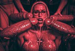 after_sex ai ai_generated blasphemy church_interior church_sex cross_necklace cum_in_mouth cum_on_body cum_on_face earrings gangbang glasses large_breasts large_penis milf multiple_boys nasty_flesh_art realism realistic red_theme slutty_female veiny_penis whored_out