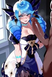 1boy 1girl abs ai_generated alternate_costume belt black_belt black_choker black_gloves blonde_hair blue_eyes blue_nails blue_shirt blush braid braided_ponytail breast_pocket breasts brown_pants bunnyart02 choker cleavage clothing collarbone collared_shirt cowboy_shot crop_top crotch_grab dark-skinned_male dark_skin female fingering fingering_through_clothes fingerless_gloves fingernails front-tie_top genderswap genderswap_(mtf) gloves grabbing grabbing_another's_breast grabbing_from_behind gradient_background groping gwen_(league_of_legends) hand_up harness hetero holster interracial large_breasts league_of_legends lipstick long_hair looking_at_viewer male manly midriff multiple_belts muscular muscular_female muscular_male nail_polish netorare open_mouth pants parted_bangs patreon_username pocket police police_uniform policewoman pouch red_lips riot_games shirt short_hair short_sleeves sleeves_rolled_up standing sweat thick_thighs thighs through_clothes tied_shirt tight_clothes torn_clothes uniform veiny_arms white_shirt