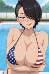 original_character bikini american_flag_bikini black_hair hair_over_one_eye blue_eyes pool poolside tagme ai_generated looking_at_viewer large_breasts breasts big_breasts female female_focus 1girls american american_female