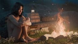 waywardsfm 3d lune_(clair_obscur:_expedition_33) clair_obscur:_expedition_33 solo solo_female female female_only 1girls nude breasts feet toes crossed_legs fire sitting asian asian_female black_hair