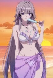 artist:waifuslove herta_(honkai:_star_rail) honkai:_star_rail 2d ai_generated female female_only bikini bikini_only beach looking_at_viewer ice_cream melting_ice_cream breasts breast_focus long_hair purple_eyes sunset