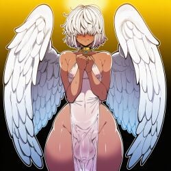 1boy ai_generated alriel angel angel_boy black_femboy dark-skinned_femboy dark-skinned_male dark-skinned_sissy dark-skinned_twink dark_male_only dark_skin femboy halo male male_only mullon no_panties novelai original original_character penis see-through sky white_hair wings
