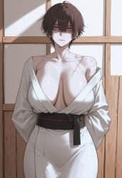 uersor akira_(uersor) tomboy tomboyish tomboy_milf milf japanese japanese_clothes japanese_female japanese_clothing fully_clothed clothing ai_generated ai ai_art ai-created deviantart_link female female_only female_focus solo solo_female mature_female 1girls 1girl large_breasts big_breasts breasts wide_hips hips thin_waist curvy curvy_figure curvy_female curvy_body shiny_skin white_skin light_skin light-skinned_female short_hair pixie_cut hair_between_eyes messy_hair brown_hair looking_at_viewer sanpaku half-closed_eyes red_eyes glowing_eyes eyelashes black_eyelashes long_eyelashes eyelids eyeliner black_eyeliner wooden_wall standing straight-on arms_behind_back kimono white_kimono open_kimono cleavage scar_on_neck scars_on_chest scar_on_chest scar_on_arm scars_on_arm cross_scar collarbone closed_mouth obi
