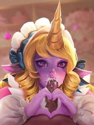 1boy 1girls blonde_hair cafe cafe_cutie_soraka clothed cum cumshot ejaculation erection fellatio female_focus hair headdress heart horn inside league_of_legends lipstick maid male mouth nude oral penis pointy_ears pov purple_eyes sex soraka straight yellow!cat