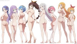 8girls ahoge ai_generated anastasia_hoshin ass ass_focus barefoot big_ass breasts butt completely_naked completely_nude crossed_arms emilia_(re:zero) feet feet_together from_behind grabbing_own_ass hand_on_own_chest hand_on_own_hip heavenly_ass heavenly_body huge_ass large_breasts lineup looking_back meili_portroute multiple_girls naked narrow_waist nude nude_female petite petite_body petra_leyte presenting priscilla_barielle ram_(re:zero) re:zero_kara_hajimeru_isekai_seikatsu rem_(re:zero) shaula_(re:zero) side-by-side smile smirk soles standing toes watermark zzz7