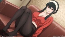 1girl 1girls absurd_res ai_assisted ai_generated anime ass black_hair black_pantyhose boobs breasts bubble_butt butt cleavage curvaceous curvy curvy_figure earrings gold_hairband hairband high_resolution highres hourglass_figure huge_ass huge_butt indoors large_breasts light-skinned_female long_hair looking_at_viewer midriff off-shoulder_sweater on_couch pantyhose patreon patreon_logo patreon_username reclining red_eyes red_sweater sitting smile solo spy_x_family thick_thighs thighs tied_sweater underboob veyluna voluptuous wide_hips yor_briar yor_forger