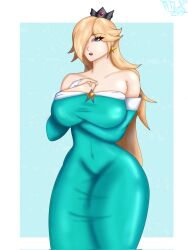 princess_rosalina nintendo mario_(series) super_mario_galaxy ninila29art breasts big_breasts thick_thighs no_bra blonde_hair touching_breast tagme