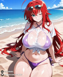 1girls 2026 ai_generated beach big_breasts bikini breasts clothed clothed_female curvaceous curvy curvy_body curvy_female curvy_figure detailed female female_focus female_only hi_res high_school_dxd huge_breasts illumaru large_breasts light-skinned_female ocean patreon_username red_hair rias_gremory sea sitting solo stable_diffusion sunglasses sunglasses_on_head swimsuit thick_thighs voluptuous voluptuous_female wet wet_body wet_clothes white_shirt wide_hips
