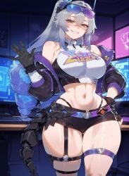1girls ai_generated bare_shoulders before_sex big_ass big_breasts big_butt big_hips big_thighs black_thong blush boobaai breasts curvaceous curvaceous_female curvaceous_figure curvy curvy_figure deep_skin exposed exposed_midriff exposed_torso female female_focus fishnet_legwear front_view gamer_girl gamer_room glasses glasses_on_head gloves gray_eyes gray_hair groping hair hair_between_eyes hair_ornament honkai:_star_rail horny horny_female hoyoverse huge_ass huge_breasts huge_butt huge_thighs indoors jacket_on_shoulders jacket_open large_ass light-skinned_female light_skin lips long_hair mechanical_glove mechanical_tail mihoyo minidress minishorts monitor monitors navel neon neon_lights parted_lips pc sexy short_clothing short_shorts silver_wolf_(honkai:_star_rail) silver_wolf_(lv.999)_(honkai:_star_rail) spiral_hair sweat thigh_strap thong thong_underwear toned_female toned_stomach top twintails voluptuous voluptuous_female waving waving_at_viewer waving_hand wide_hips