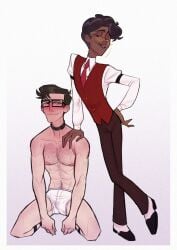 2boys alastor_(hazbin_hotel) blush chest_hair collar fully_clothed fully_clothed_male gay gay_domination gay_male glasses hairy hairy_male happy_trail hazbin_hotel hellaverse human_alastor_(hazbin_hotel) human_vox_(hazbin_hotel) male male_only mustache nipples precum precum_through_clothing pubic_hair ranksauce shock_collar sock_garters underwear vincent_whittman_(hazbin_hotel) vox_(hazbin_hotel) yaoi